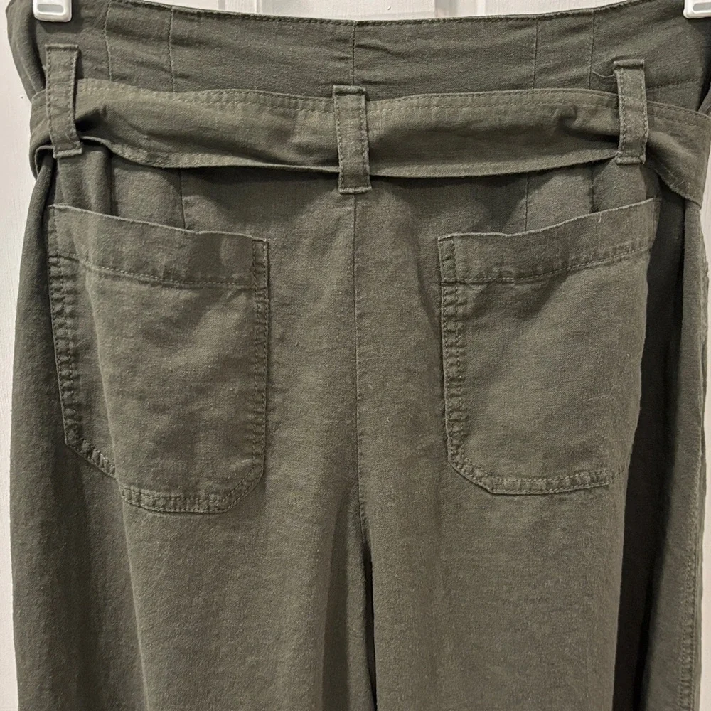 GAP Paper Bag Waist Wide Leg Linen Pants Olive Green Size 14 Minimalist Preppy